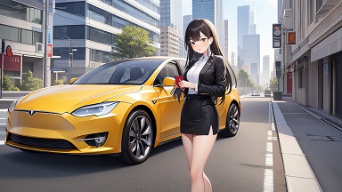 [Anime girl à côté d'une Tesla]