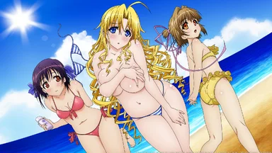 Three girls on a beach wearing bikinis, on a sunny blue sky background