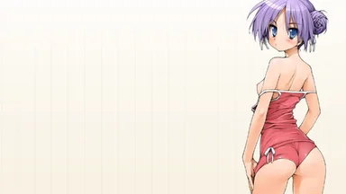 Purple short hair cutie in summer outfit with her top lifted down, turning her back, standing in front of a beige-painted palisade