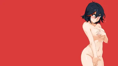Short dark hair naked girl tying to hide her boobs and privates with her hands, standing on the right on a plain red background