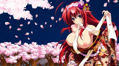 Topless big-boobed redhead wearing a traditional japanese dress, holding a ribbon between her lips, on a dark blue background with cherry trees and petals