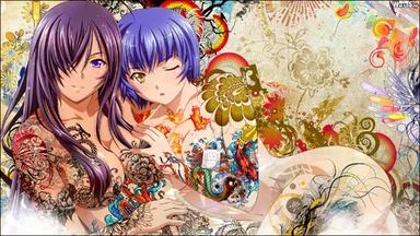 Two naked girls tattooed almost on the whole body, sticking on each other, on a background with patterns similar to their tattoos