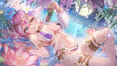 Pink hair cutie with eyes being of two different colors, lying almost naked on her back on water, with lotus flowers and other plants nearby, holding a grape in one hand