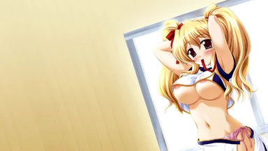 Blonde with large dark eyes, pigtails and large breasts, with her top lifted up to partially reveal her nipples