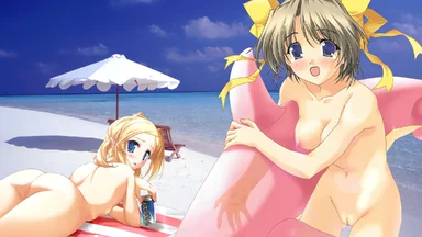 Two naked girls with blue eyes on a beach, one in the foreground holding a pink dolphin-shaped buoy and the one in the background laying on her stomach and holding a beverage can