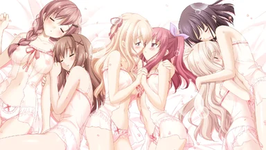 Six girls viewed from above wearing see-through babydolls, some are sleeping sticked to each other, and two of them about to kiss