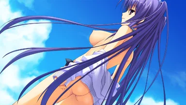 Topless long blue hair girl turning her back, on a cloudy blue sky background