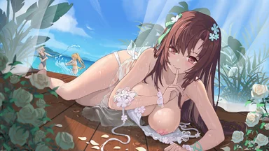 Hazelnut topless girl with flowers in hair lying on a pontoon, with white roses in the foreground and two other girls wearing swimsuits playing in water in the background