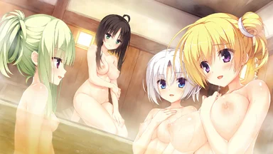 Four naked girls in a steamy bathroom with wooden walls