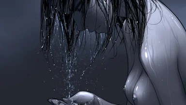 Girl in a shower, opening her hand while water is falling on it, on a dark grey background