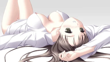 Hazelnut hair and brown eyes girl lying on her back, wearing a white open shirt revealing her nipples, on a light pink plain background