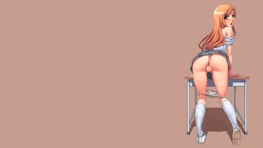 Hazelnut girl viewed from behind with her hands on a table, her panty lifted down, on a plain light pink background