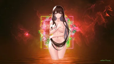 Hazelnut naked girl with legs underwater and flowers surrounding her, hiding her boobs and genitals with arm and hair, on a cloudy reddish star background