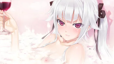 Close-up on the face of a light hair and red eyes girl in a soapy bath, holding a glass of wine