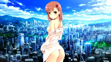 Topless pink hair cutie with a flower barette wearing a shirt lifted down, on a background figuring a large city with skyscrapers