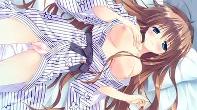 Hazelnut hair and blue eyes topless girl laying on a bed, wearing a blue-striped white shirt, viewed from above