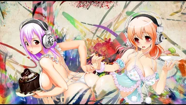 Two girls in lingerie with headphones on, on an abstract painting-style background