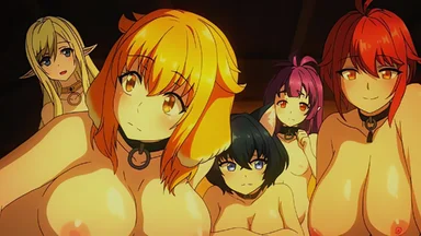 Close-up on the upper blody of five naked girls, illuminated by a yellowish source, on a very dark background