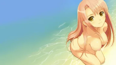 Pink hair and orange eyes naked girl squatting on a shore, viewed from above