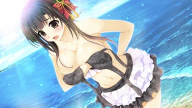 Brunette in maid outfit with her bra unfastened, trying to hide her breasts with one arm, on a shore