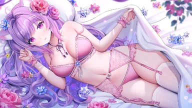 Long purple hair and eyes cutie wearing fine pink lingerie and tights, lying sideways on a white sheet with blue and pink flowers
