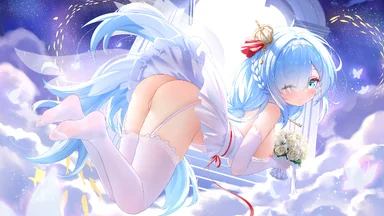 Fantasy anime character with blue eyes, whearing only white tights and skirt, having a little crown on head and holding flowers
