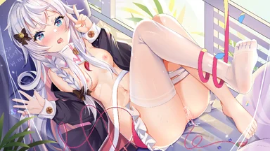 Topless light hair cutie wearing a jacket, white see-through tights and a ribbon barette, sticking out tongue