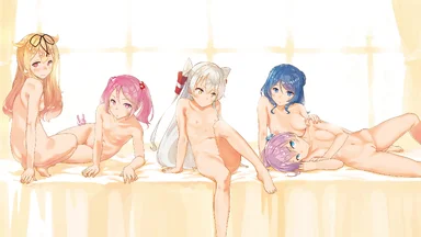 Five naked small-titted cuties on a table covered with a light yellow sheet