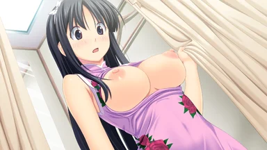 Dark hair girl in a changing room, topless, wearing a purple dress