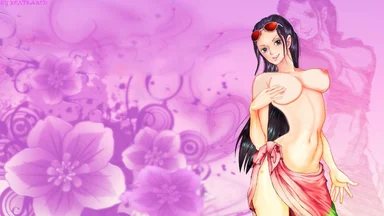 Topless brunette with one hand on breasts standing in front of a pink flower-themed background