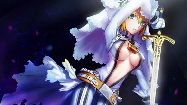 Anime character in fantasy outfit showing a cleavage, holding a sword in her hand on a deep blue background