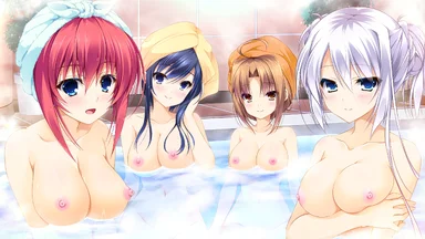 Four naked girls in a swimming pool, into water till just below their chests