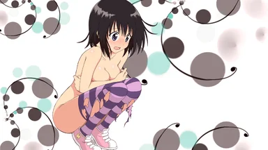Squatting topless short hair cutie hiding breasts with her arms, on an white abstract background with colored circles
