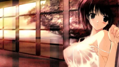 Close-up on a red short hair girl wearing a see-through night dress, next to a window at sunset