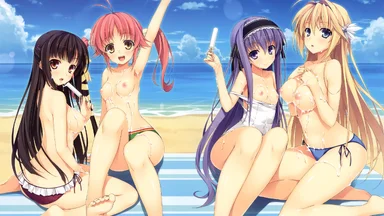 Four topless girls on a beach, with cream on their breasts and blue sky background