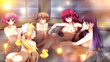 Five girls in a traditional bath with water till their chests and lighting effects