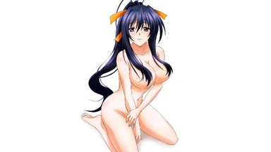 Naked girl lying on her knees with dark blue hair hiding her nipples, on a plain white background
