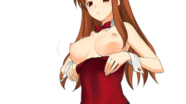 Upper body of a topless redhead with a bow tie wearing a corset, on a plain white background