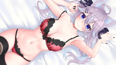 Light hair and blue eyes cutie, viewed from above, laying on a bed and wearing fine red lingerie