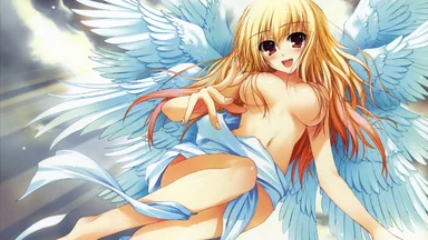 Naked blond angel with large blue wings, on a cloudy background