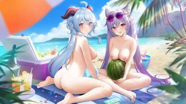 Two naked girls sat on a beach, with drinks and a watermelon, on a sea and mountain background