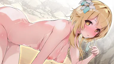 Naked cutie with blond hair and a flower on her head, bowing