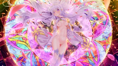Colorful fantasy image featuring a naked anime hero with light hair