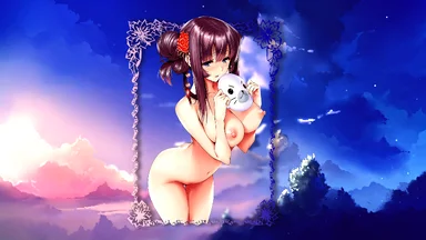 Cutie bowing while holding a traditional japanese carnaval mask, on a pink and blue dusk sky background