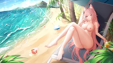 Pink cat ears nude lady on a beach chair, just next to the ocean, with a drink
