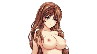 A plain white background featuring the upper body of a well-breasted and nude hazelnut long hair girl