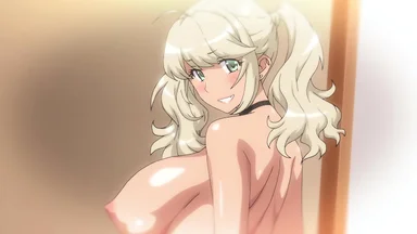Blondie with enormous boobs viewed from the side