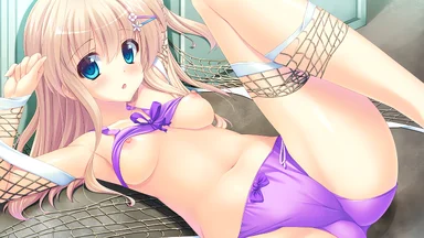 Beautiful cutie with light pink hair and deep blue eyes, laying on the floor almost topless, wearing a violet panty