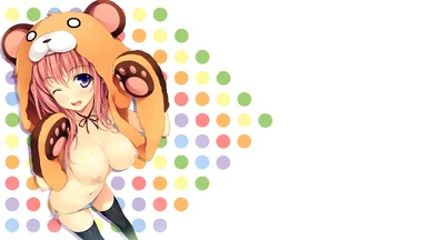 Cutie wearing a bear costume on a white background with colored dots