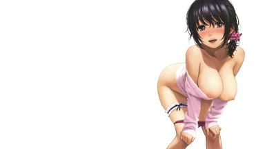 White background with a dark short hair topless girl on the right, bowing with her panty lifted down
